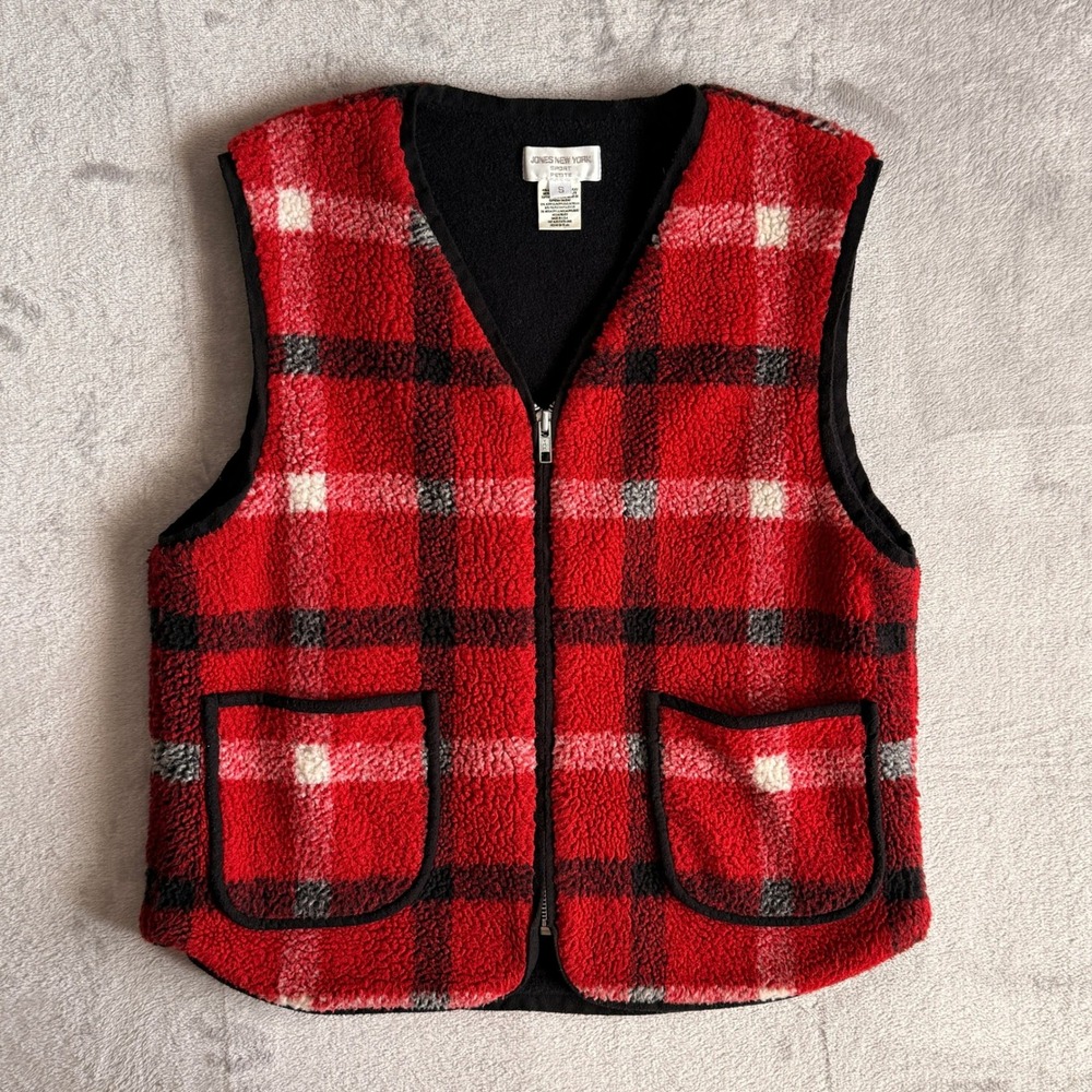 Jones New York Sport Red Plaid Fleece Quarter Zip Pullover L Vest S Set Petite - Picture 7 of 9
